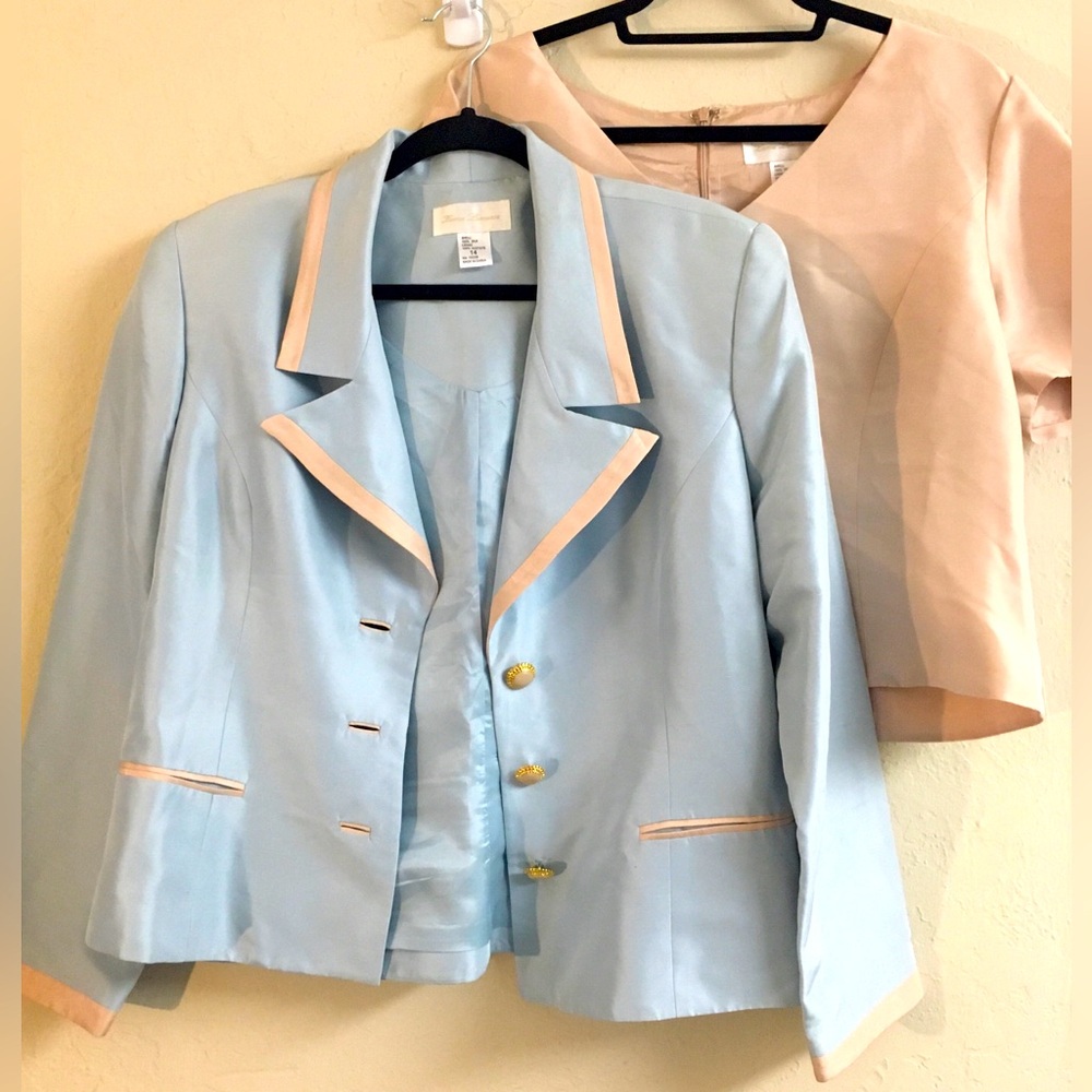 Karen Lorrance 100% Silk Blazer + Blouse Size 14 Blue